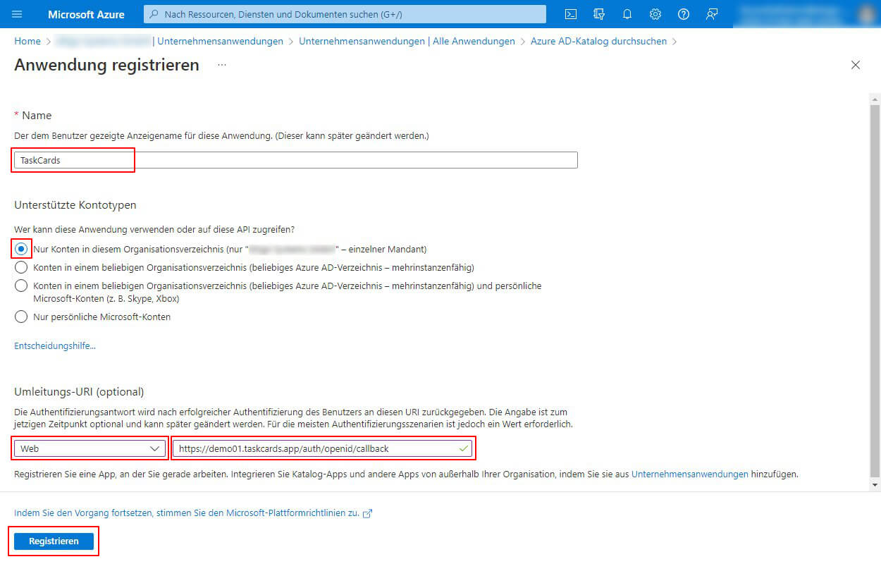 Einstellungen zur Registrierung der Anwendung